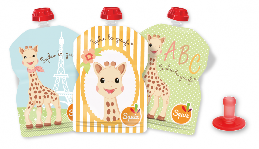 SQUIZ ételtasak, 3 darabos, Sophie a Zsiráf, etetőfejjel, 90 ml